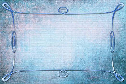An antique decorative blue glass frame with a background with texture. Blue and pink colors