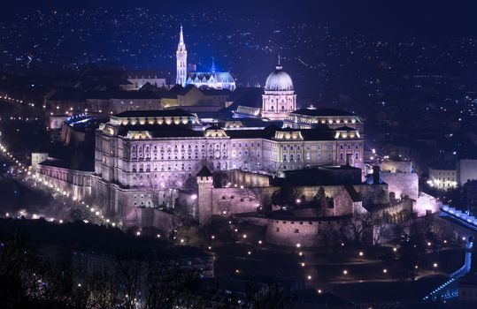 Night view of Buda castle in Budapest, view from Gellert Hill, popular landmarks of the Hungarian Capital