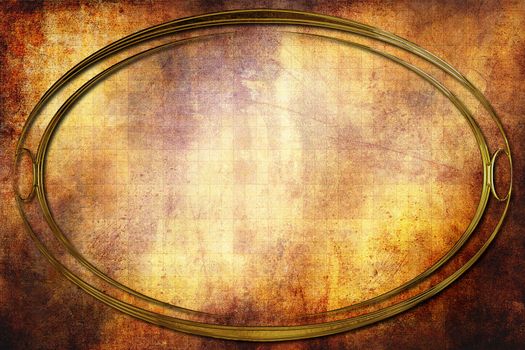 A modern decorative oval metallic frame with a textured background. Orange, yellow, brown, rust and brass colors