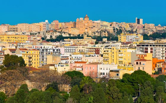 Cityscape with varicolored houses of historic center the city of Cagliari, Sardinia island, Italy