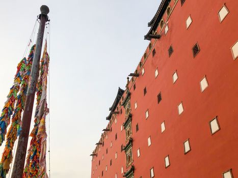 Buddhist color prayer flags at The Putuo Zongcheng Buddhist Temple, one of the Eight Outer Temples of Chengde, built in 1767 and modeled after the Potala Palace of Tibet. Chengde, China