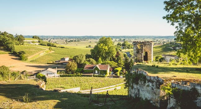 SAINT EMILION near BORDEAUX, FRANCE - May 25, 2017 : view of the valley on the vineyards whose specialty is the production of fine wine on a spring day