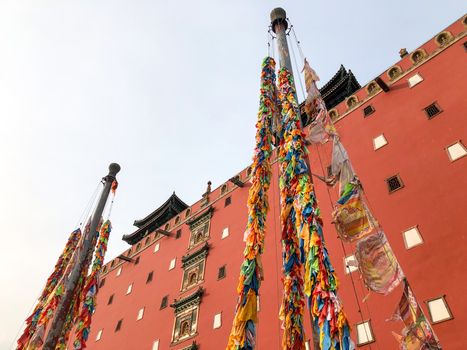 Buddhist color prayer flags at The Putuo Zongcheng Buddhist Temple, one of the Eight Outer Temples of Chengde, built in 1767 and modeled after the Potala Palace of Tibet. Chengde, China