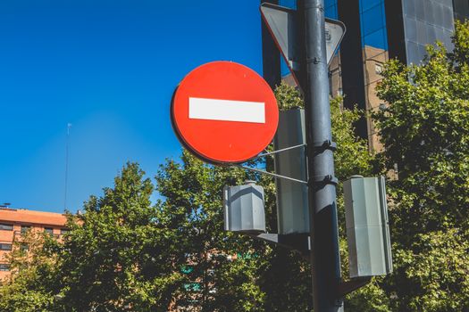 VALENCIA, SPAIN - June 18, 2017 : No entry sign for vehicular traffic in the city center on a summer day