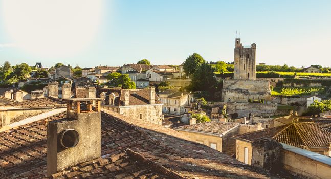 SAINT EMILION near BORDEAUX, FRANCE - May 25, 2017 : aerial view of the city whose specialty is fine wine production on a spring day