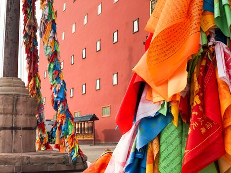 Buddhist color prayer flags at The Putuo Zongcheng Buddhist Temple, one of the Eight Outer Temples of Chengde, built in 1767 and modeled after the Potala Palace of Tibet. Chengde, China