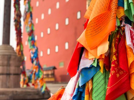 Buddhist color prayer flags at The Putuo Zongcheng Buddhist Temple, one of the Eight Outer Temples of Chengde, built in 1767 and modeled after the Potala Palace of Tibet. Chengde, China