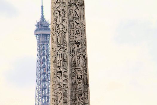 View of the Luxor Ancient Egyptian Obelisk at the centre of the Place de la Concorde in Paris, France. It was originally located at the entrance to Luxor Temple, in Egypt.