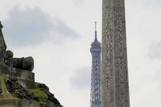 View of the Luxor Ancient Egyptian Obelisk at the centre of the Place de la Concorde in Paris, France. It was originally located at the entrance to Luxor Temple, in Egypt.