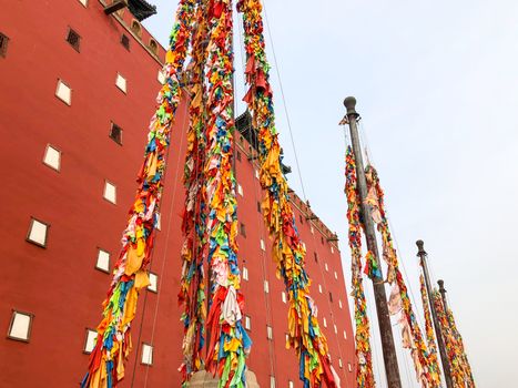 Buddhist color prayer flags at The Putuo Zongcheng Buddhist Temple, one of the Eight Outer Temples of Chengde, built in 1767 and modeled after the Potala Palace of Tibet. Chengde, China