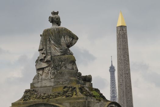 View of the Luxor Ancient Egyptian Obelisk at the centre of the Place de la Concorde in Paris, France. It was originally located at the entrance to Luxor Temple, in Egypt.