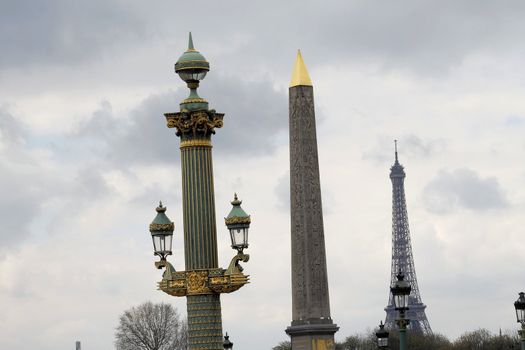 View of the Luxor Ancient Egyptian Obelisk at the centre of the Place de la Concorde in Paris, France. It was originally located at the entrance to Luxor Temple, in Egypt.