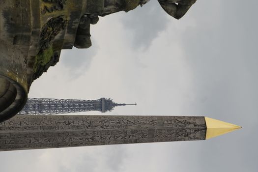 View of the Luxor Ancient Egyptian Obelisk at the centre of the Place de la Concorde in Paris, France. It was originally located at the entrance to Luxor Temple, in Egypt.