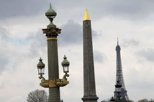 View of the Luxor Ancient Egyptian Obelisk at the centre of the Place de la Concorde in Paris, France. It was originally located at the entrance to Luxor Temple, in Egypt.