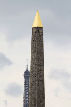 View of the Luxor Ancient Egyptian Obelisk at the centre of the Place de la Concorde in Paris, France. It was originally located at the entrance to Luxor Temple, in Egypt.