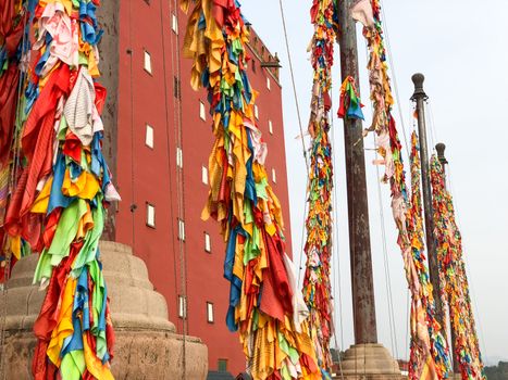 Buddhist color prayer flags at The Putuo Zongcheng Buddhist Temple, one of the Eight Outer Temples of Chengde, built in 1767 and modeled after the Potala Palace of Tibet. Chengde, China