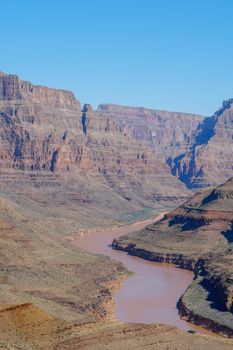 Picturesque landscape view of Grand Canyon National Park with Colorado river during sunny day. Arizona, USA. Famous travel destination.