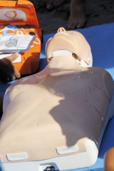Resuscitation technique on dummy. First aid reanimation, CRP training, medicine, healthcare and medical concept