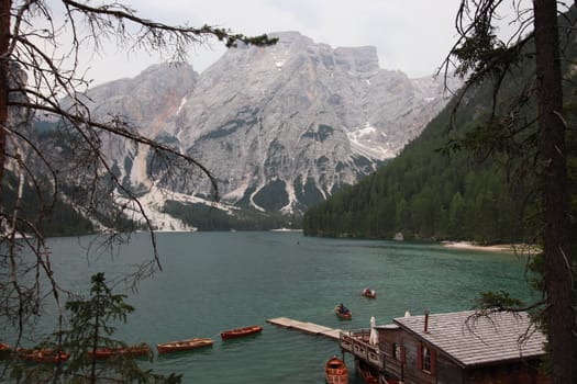 Braies lake at summer. Largest natural lake in Dolomites, South Tyrol, Italy, Europe. Beauty of nature background.