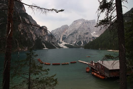 Braies lake at summer. Largest natural lake in Dolomites, South Tyrol, Italy, Europe. Beauty of nature background.