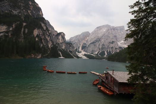 Braies lake at summer. Largest natural lake in Dolomites, South Tyrol, Italy, Europe. Beauty of nature background.