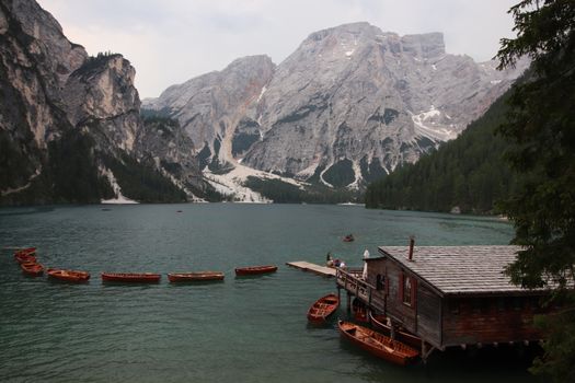 Braies lake at summer. Largest natural lake in Dolomites, South Tyrol, Italy, Europe. Beauty of nature background.