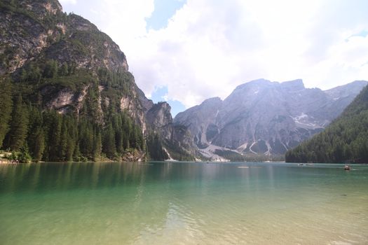 Braies lake turquoise water and Dolomites Alps view, South Tyrol region of Italy