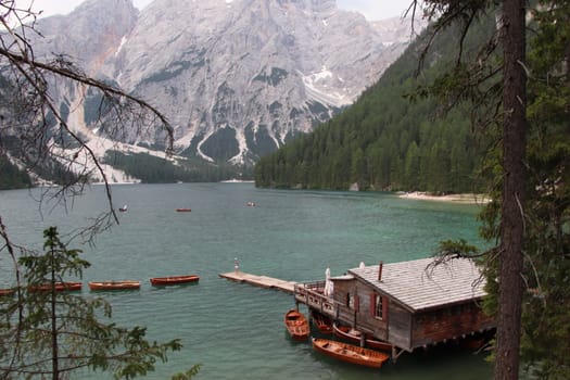 Braies lake at summer. Largest natural lake in Dolomites, South Tyrol, Italy, Europe. Beauty of nature background.