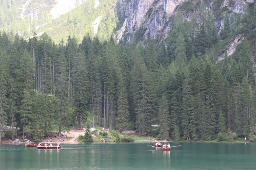 Braies lake turquoise water and Dolomites Alps view, South Tyrol region of Italy