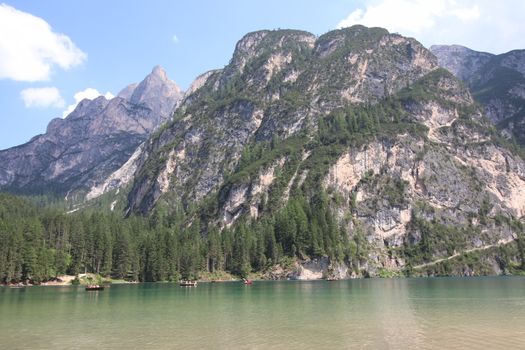 Braies lake turquoise water and Dolomites Alps view, South Tyrol region of Italy