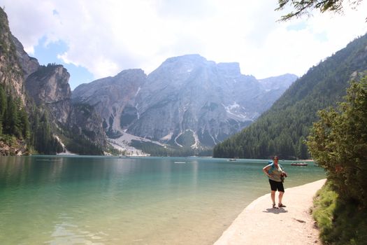 Braies lake turquoise water and Dolomites Alps view, South Tyrol region of Italy