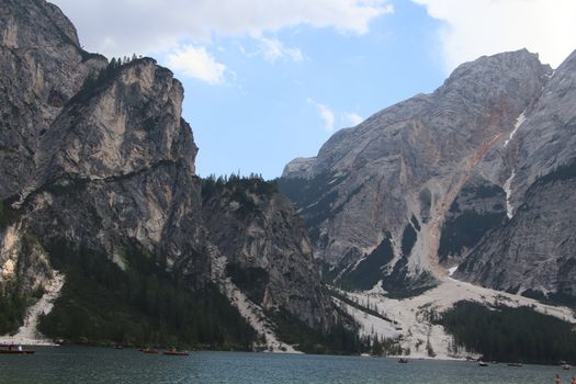 Braies lake turquoise water and Dolomites Alps view, South Tyrol region of Italy