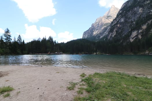 Braies lake at summer. Largest natural lake in Dolomites, South Tyrol, Italy, Europe. Beauty of nature background.