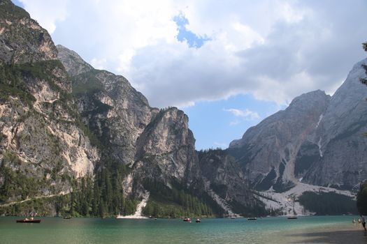 Braies lake turquoise water and Dolomites Alps view, South Tyrol region of Italy