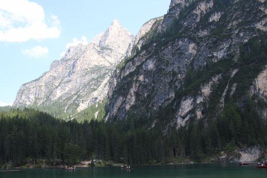 Braies lake turquoise water and Dolomites Alps view, South Tyrol region of Italy