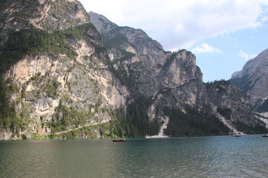 Braies lake turquoise water and Dolomites Alps view, South Tyrol region of Italy