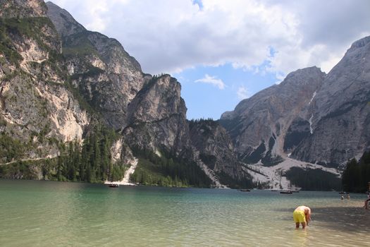 Braies lake turquoise water and Dolomites Alps view, South Tyrol region of Italy