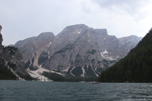 Braies lake at summer. Largest natural lake in Dolomites, South Tyrol, Italy, Europe. Beauty of nature background.