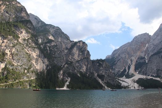 Braies lake turquoise water and Dolomites Alps view, South Tyrol region of Italy