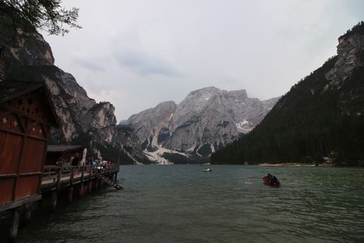 Braies lake at summer. Largest natural lake in Dolomites, South Tyrol, Italy, Europe. Beauty of nature background.