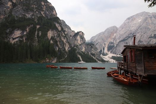 Braies lake at summer. Largest natural lake in Dolomites, South Tyrol, Italy, Europe. Beauty of nature background.