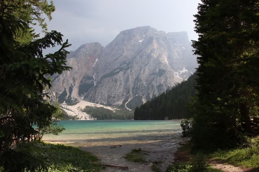 Braies lake at summer. Largest natural lake in Dolomites, South Tyrol, Italy, Europe. Beauty of nature background.