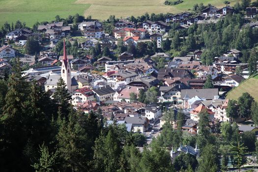 Aerial view of valley and small city