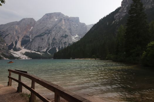 Braies lake at summer. Largest natural lake in Dolomites, South Tyrol, Italy, Europe. Beauty of nature background.