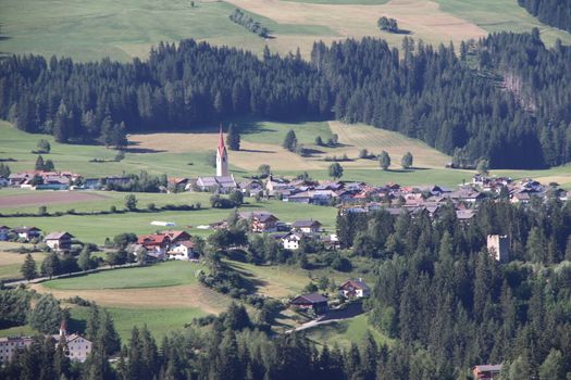 Aerial view of valley and small city