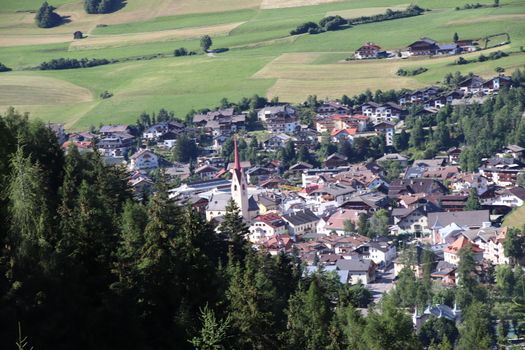Aerial view of valley and small city