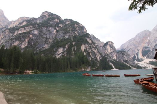 Braies lake at summer. Largest natural lake in Dolomites, South Tyrol, Italy, Europe. Beauty of nature background.