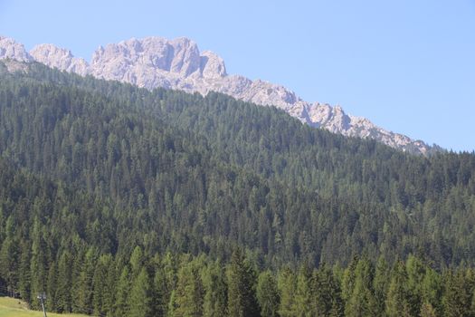 Aerial view of huge valley of the mountains of Italy, Trentino, green meadows, Slopes with green spruce trees, Dolomites on background, The town in the bottom of a valley