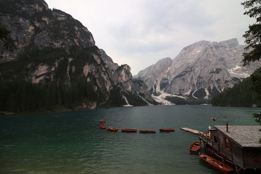 Braies lake at summer. Largest natural lake in Dolomites, South Tyrol, Italy, Europe. Beauty of nature background.