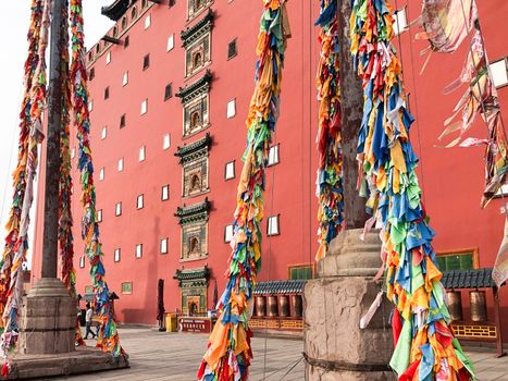 Buddhist color prayer flags at The Putuo Zongcheng Buddhist Temple, one of the Eight Outer Temples of Chengde, built in 1767 and modeled after the Potala Palace of Tibet. Chengde, China